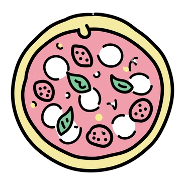 An illustration featuring a round pizza base, lightly golden-brown on the edges. The base is topped with a vibrant red tomato sauce spread evenly across the surface. There are slices of fresh mozzarella cheese scattered on top, melting and bubbly. Fresh basil leaves are placed decoratively over the cheese. Slices of ripe tomatoes are arranged around the pizza. A drizzle of olive oil glistens on the surface, enhancing the colors of the ingredients. The entire composition is set against a simple, neutral background.