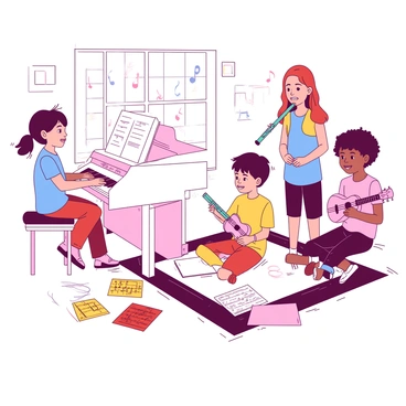 A group of five children is gathered in a bright and inviting music class. One child is sitting at a white piano, their hands poised above the keys, ready to play. Another child is standing beside them, holding a teal flute, with a focused expression on their face. The third child is sitting cross-legged on the floor, surrounded by colorful sheet music scattered around them, with sheets in vibrant patterns of red and yellow. The fourth child is playing a small pink ukulele, strumming enthusiastically, while the last child is listening intently, tapping their foot to the rhythm. The walls of the classroom are adorned with various musical notes and instruments, creating a lively atmosphere.