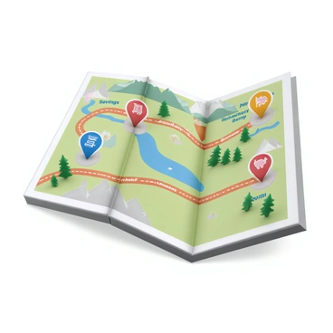A detailed map depicting a winding route with clear markings. The path is highlighted in bright colors to stand out against the map's background. Along the route, there are distinct stop markers labeled with prominent titles: "Savings," "Investments," and "Retirement." Each stop marker is designed with an icon representing its theme, such as a piggy bank for Savings, a graph for Investments, and a sunset for Retirement. The map includes geographical features such as rivers, mountains, and forests to provide context.