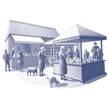 A bustling medieval marketplace filled with various vendors and shoppers. Stalls made of wood are set up with canopies, displaying an array of goods such as fruits, vegetables, and handcrafted items. Shoppers in period attire are interacting, with some examining produce while others are engaged in lively conversation. A vendor stands behind a stall, energetically gesturing as they promote their wares. The atmosphere is vibrant with a sense of community, with children playing nearby and animals wandering through the marketplace. The architecture surrounding the marketplace features stone buildings with thatched roofs, contributing to the historical ambiance.