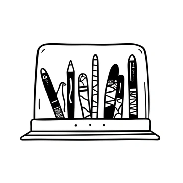 An array of unique pens arranged neatly inside a glass display case. Each pen showcases distinctive designs and patterns, with some featuring intricate engravings and others showcasing vibrant colors. The glass case is rectangular, highlighting the pens from various angles. The display case has a wooden base and a sleek, polished top. Soft light reflects off the glass, creating gentle shadows around the pens.