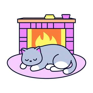 A fluffy gray cat with white patches is curled up and sleeping peacefully. The cat is resting on a soft, light-colored rug. In front of it is a warm, crackling fireplace, with bright orange flames flickering and casting a gentle glow. The fireplace has a classic brick design with a wooden mantel adorned with a few decorative items. Soft shadows are created in the cozy space surrounding the sleeping cat.