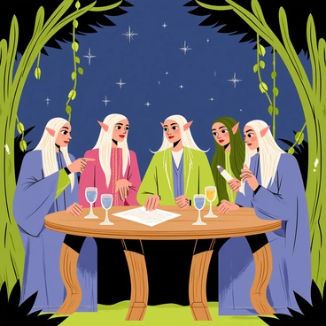 A group of elegant elves is gathered around a large, intricately carved wooden table in a lush, green glade of Rivendell. The elves have long flowing hair and wear ornate robes adorned with natural motifs. The table is set with glowing crystals and delicate silver goblets filled with shimmering liquids. Above them, a clear night sky is filled with twinkling stars, casting a soft light on the gathering. Leafy trees surround the area, and gentle vines drape over the table. Each elf has a focused expression as they engage in serious discussion, with one elf pointing towards a rolled parchment.