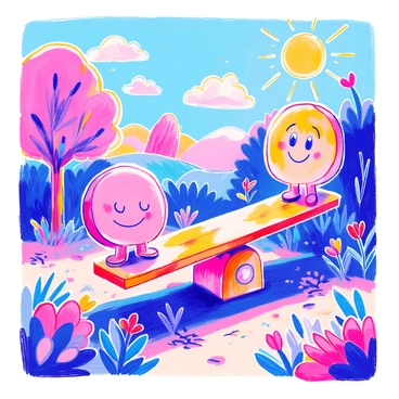 A whimsical doodle depicts a seesaw with one side holding a large "♂" gender sign and the other side featuring a "♀" gender sign. The seesaw is set in a playful environment with cartoon-like trees in the background. Each gender sign has smiling faces, and there are colorful flowers surrounding the base of the seesaw. A bright sun shines overhead, and fluffy clouds drift in the blue sky. The overall scene is filled with lightheartedness and charm.