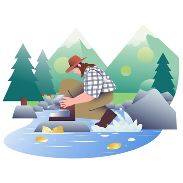 A prospector panning for gold in a river, surrounded by mountains and trees.