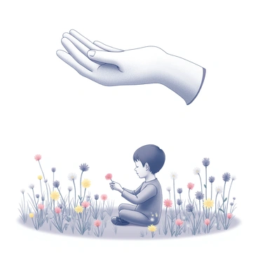A large hand is positioned above a child playing in a field of flowers. The hand appears open and slightly curved, suggesting a protective gesture. Below, the child is seated on the ground, engaged with the colorful flowers around them. The child is reaching out to touch a flower, their expression focused and curious. The field is filled with various types of flowers, some taller than others, creating a diverse landscape. The scene conveys a sense of care and safety, highlighting the interaction between the protective hand and the child.