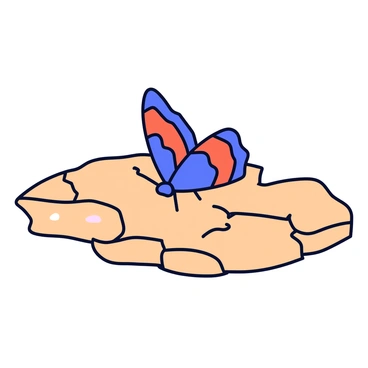 A single butterfly with vibrant blue and orange wings is perched delicately on a patch of cracked earth. The earth has deep fissures, showing signs of dryness, with a few small pebbles scattered around. The butterfly's wings are slightly open, revealing intricate patterns. The composition focuses on the contrast between the fragile beauty of the butterfly and the harshness of the cracked ground.