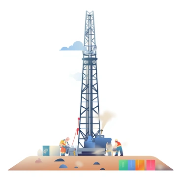 A towering drill rig is positioned prominently at a fracking site. The drill rig is metallic gray with large rotating parts, and it extends high into the blue sky. Dust is swirling around the base of the rig, creating a haze that obscures some of the ground. In the foreground, patches of dried earth are visible, interspersed with small piles of rocks. To the side, there are several industrial containers in various colors, and a few workers in safety gear are observed near the rig, tending to equipment. The scene conveys a sense of active operation in a rugged environment.