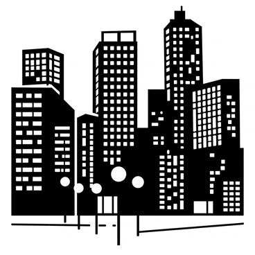 A city skyline at night, featuring tall skyscrapers with many windows. The windows of the buildings are illustrated as bright squares, suggesting lights are turned on inside. Streetlights line the streets below, depicted as tall poles with circular light fixtures at the top, casting light onto the pavement. The buildings are varied in height and design, with a mix of modern and traditional architecture, creating an interesting silhouette against the night sky.