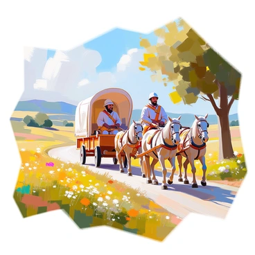 A Gaulois caravan consisting of several wooden carts drawn by sturdy horses is traveling along an ancient, winding road. The caravan is adorned with colorful fabrics and rustic decorations. Surrounding the road is lush countryside featuring vibrant green fields, dotted with wildflowers in various colors. Tall trees with dense foliage can be seen in the background, offering a scenic view of the landscape. The sky above is clear with a few soft clouds, adding to the serene atmosphere of the journey.
