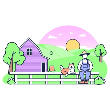 A farmhouse stands in the foreground, its wooden structure showing signs of wear from time. In front of the farmhouse, a farmer wearing a straw hat and denim overalls is sitting on a wooden fence. Next to him, a dog with a fluffy coat is resting, looking content. The farmer and dog are both gazing towards the horizon where the sun is setting, casting warm light across the landscape. In the background, fields stretch out, dotted with hay bales, while a few trees frame the scene on either side. The sky is filled with a gradient of colors as the day transitions to night.