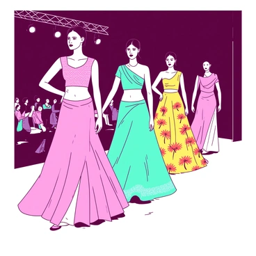 A group of models is walking down a catwalk, each wearing beautifully designed lehengas. One model is showcasing a pink lehenga with intricate gold embroidery, while another is draped in a teal lehenga adorned with silver sequins. A third model follows, wearing a yellow lehenga that features bold floral patterns. The catwalk is illuminated by bright lights, highlighting the vibrant colors and details of each garment. The models pose confidently, with their arms gracefully extended, showcasing the flowing fabrics of their lehengas as they move. The audience can be seen in the background, captivated by the fashion display.