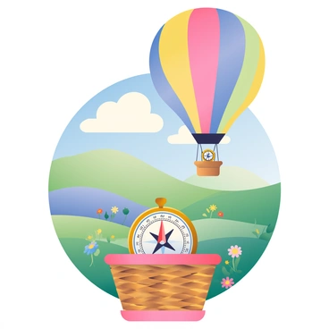 A vintage brass compass is resting in the woven basket of a hot air balloon. The balloon is colorful with vibrant patterns, floating gracefully above a scenic landscape. Below, there are rolling green hills dotted with wildflowers in various shades. The sky is a soft blue with fluffy white clouds, and the sun casts gentle light over the entire scene. The compass, with its needle pointing north, reflects a hint of sunlight, adding to the tranquil atmosphere of the balloon ride.
