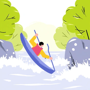 A kayaker wearing a bright red life jacket is paddling through turbulent white-water rapids. The kayak is a vibrant blue, contrasting against the frothy white water splashing around it. Lush green trees line the banks of the river, their leaves rustling in the breeze. Boulders are partially submerged in the water, creating rough waves and splashes as the kayak maneuvers around them. The sky above is clear with a hint of sunlight breaking through the tree canopy, illuminating the scene.