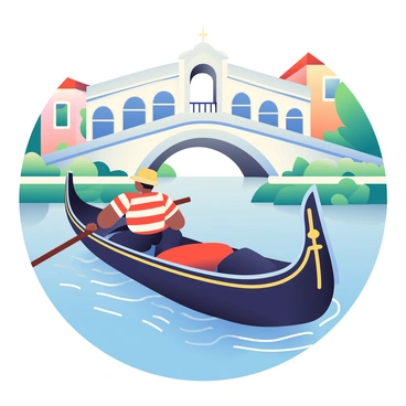 A gondolier with olive skin and a straw hat is rowing a classic black gondola through the serene canals of Venice. The gondolier is wearing a traditional red and white striped shirt with black trousers. The gondola is adorned with intricate golden details and has a plush red cushion for passengers. Above, several elegant stone bridges arch over the canal, their reflections shimmering on the water's surface. Lush green plants and colorful buildings line the canal, creating a vibrant atmosphere. Gentle ripples in the water radiate from the gondola, adding to the scene's dynamic feel.
