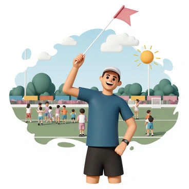 An event umpire, wearing a navy blue shirt, black shorts, and a white cap, is enthusiastically waving a bright red flag. The background features an outdoor sports field filled with various activities. Colorful banners and flags decorate the area, and groups of children and families are visible, cheering and participating in games. The sun is shining, illuminating the scene, while a few trees provide shade along the edges of the field. The umpire has a big smile, engaging with the crowd as they enjoy the community sports day.