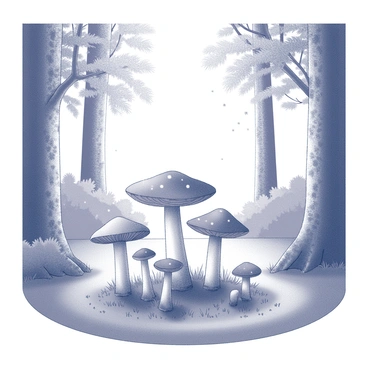 A circular arrangement of mushrooms is present in a forest clearing. The mushrooms have various shapes and sizes, with some having wide caps and others being taller and slender. The clearing is surrounded by tall trees with textured bark and dense foliage. Soft, dappled light filters through the leaves, creating patterns on the forest floor. The ground is covered with a mix of green grass and small plants. In the air, there are faint sparkles or glimmers, subtly suggesting the presence of fairies nearby.