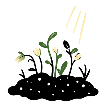 A cluster of tiny calendula seedlings emerging from dark, rich soil. Delicate green leaves are unfurling, reaching upward toward soft, warm sunlight filtering down. Surrounding the seedlings, the soil is textured with small pebbles and bits of organic matter, adding depth to the scene. Gentle rays of light create a soft contrast, highlighting the fragile nature of the small plants against the earthy backdrop.