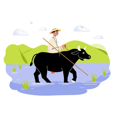 A farmer wearing a straw hat is riding a water buffalo across flooded rice paddies. The water is reflecting the blue sky above, with patches of green rice plants visible just above the surface. The farmer has a gentle expression, guiding the water buffalo with a long pole. Surrounding the scene are lush green hills in the background, with a few scattered clouds. The water buffalo has shiny black fur, and the farmer's clothing is simple and traditional. A few birds can be seen flying overhead, completing the tranquil farming scene.