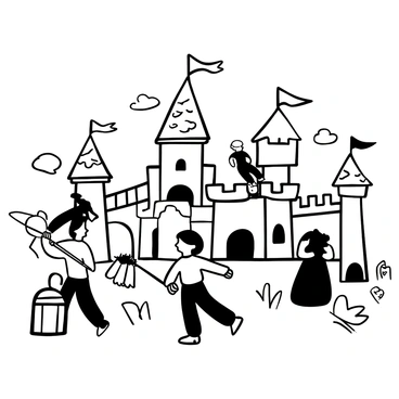 Children dressed as knights and princesses are engaged in imaginative play within a whimsical castle-themed playground. A large, brightly decorated castle structure serves as the centerpiece, with turrets and flags adorning it. One child dressed in a shiny suit of armor holds a foam sword, while another in a flowing gown pretends to dance. Nearby, a drawbridge connects to a slide, and climbing structures shaped like towers are scattered throughout the playground. Colorful banners flutter in the air, adding to the enchanting atmosphere of their playful adventure.