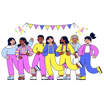 A group of friends dressed in bright, colorful attire, showcasing a vibrant mix of patterns and styles. Each person has a unique outfit, adorned with intricate details such as embroidery and beads. They are positioned in a dynamic formation, with some facing forward and others turned slightly to the side. Their expressions convey joy and enthusiasm as they engage in a traditional dance. The scene is filled with movement as their arms and legs are in action, creating an energetic atmosphere. In the background, colorful banners and decorations enhance the festive setting of a cultural festival.