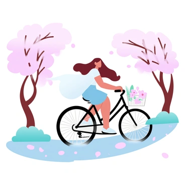 A woman is riding a bicycle along a scenic path. The path is bordered by cherry blossom trees in full bloom, with delicate pink petals scattered on the ground. The woman has long hair flowing in the wind and is wearing a light, flowing dress. The bicycle has a vintage design, featuring a basket at the front filled with flowers. The sunlight filters through the branches, creating dappled patterns on the path.