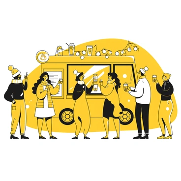 A group of four carolers stands in a semicircle near a food truck adorned with holiday decorations. They are wearing winter clothing, including scarves and hats, while holding sheet music. The carolers are singing joyfully. In front of the food truck, several people are lined up, ordering festive drinks served in cups with holiday-themed designs. The scene is lively, with a variety of drink options displayed on the menu board attached to the side of the food truck.