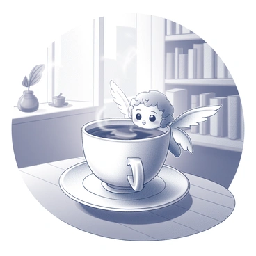 A small cupidon with delicate wings is peeking out from behind a large coffee cup. The cup is placed on a wooden table, and steam is rising from its surface. The cafe has a warm and inviting atmosphere, with soft lighting and wooden shelves filled with books and decor in the background. A small plant sits beside the cup, adding a touch of greenery to the scene. The cupidon has an expression of curiosity, with its cherubic face partially visible above the rim of the cup.