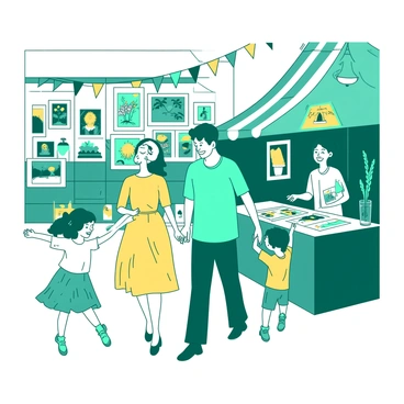 A teal family consisting of four members is walking through a fair, surrounded by colorful booths filled with art. The parents are holding hands while their two children, a girl and a boy, are pointing excitedly at framed illustrations hanging from a nearby booth. The mother is wearing a yellow dress, and the father has on a teal shirt. The girl, wearing a white shirt with a colorful skirt, is jumping in joy, while the boy, dressed in a yellow t-shirt and shorts, is holding a small print in his hand. A vendor behind the booth is smiling, showcasing various prints laid out on the table. Bright decorations and banners hang above the fair, adding to the lively atmosphere.