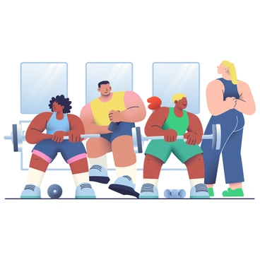 A diverse group of six people is in a gym doing barbell curls together. On the left, a woman with dark curly hair and a blue tank top is lifting a silver barbell. Next to her, a man with short black hair wearing a yellow shirt is performing the same exercise, focusing intently. In the center, a person with light brown skin and a red sports bra is completing the curl with a determined expression. To the right, a tall individual with blonde hair in a ponytail, wearing a green tank top, is also engaged in the workout. The gym has a bright atmosphere, with mirrors reflecting the effort of the group and gym equipment in the background. Each person has their own barbell, and there are weights placed neatly on the floor nearby.