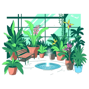 An indoor botanical garden filled with various exotic plants and flowers. The space features tall, leafy green plants with broad leaves, intertwining vines, and vibrant flowers in a range of colors. Some plants are in large terracotta pots, while others are suspended in hanging planters. Sunlight filters through large windows, casting shadows on the floor, and there are small wooden benches scattered throughout the garden for visitors to sit and enjoy the view. A gentle mist rises from a small water feature at the center, enhancing the lush greenery around.