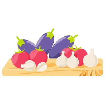 A classic still life arrangement on a wooden table with a textured surface. The scene includes three glossy purple aubergines positioned next to vibrant red tomatoes, each with a slight sheen. Clusters of white garlic bulbs are scattered among the vegetables, displaying their papery skin. Soft natural lighting creates gentle shadows, enhancing the curves and shapes of the produce. The background is a subtle neutral color, helping the vegetables to stand out in the composition.