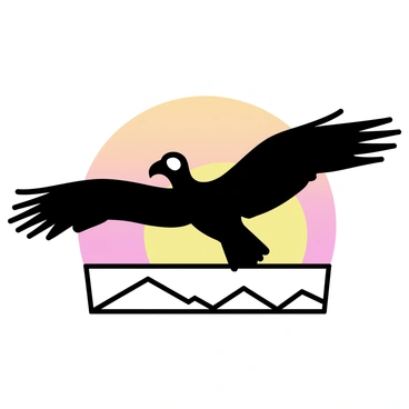 A California condor with large, outstretched wings is soaring in the sky. The bird's plumage is predominantly black with white markings on its wings. The background features a vibrant sunrise with shades of orange, pink, and yellow blending together. The sun is just peeking over the horizon, casting a warm glow that highlights the condor's silhouette. The landscape below is minimalistic, suggesting distant mountains and open skies.