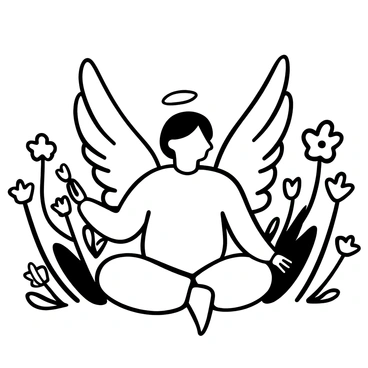 An angel in a meditative pose sits cross-legged on the ground in a garden. The wings of the angel are elegantly spread behind, with intricate feather details. The garden is filled with a variety of blooming flowers, showcasing various shapes and sizes, all arranged around the angel. There are tall flowers with slender stems, and clusters of smaller blossoms interspersed among them. Delicate foliage surrounds the scene, adding texture to the garden. The overall composition conveys a sense of calmness and tranquility.