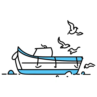 An old fishing boat, painted in faded blue and white, is resting on the sandy shore. The boat has peeling paint and visible wood grain, with fishing nets draped over one side. Surrounding the boat are several seagulls in flight and perched nearby, their wings spread wide against the clear sky. The shore is dotted with small stones and pieces of driftwood, complementing the scene.