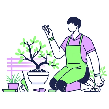 A gardener carefully adjusting the branches of a bonsai tree