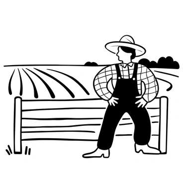 A farmer wearing a straw hat stands next to a wooden fence, leaning on it with one arm. The farmer is dressed in a plaid shirt and denim overalls. In the background, fields stretch out under a wide sky, with rows of crops visible in the distance. A few scattered trees provide some contrast against the open landscape. The scene conveys a sense of peaceful rural life, with the farmer focused on the expansive land before him.