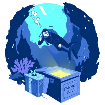 A diver in a wet suit is swimming through a dark underwater cave. Bubbles are rising around the diver as they navigate through the rocky formations. Light beams from a flashlight illuminate the surroundings, revealing vibrant coral and schools of fish. In front of the diver, there is an ornate treasure chest at the base of the cave. The treasure chest is slightly open, and a golden glow emanates from inside. The chest has a label that reads "research gap" in bold letters. The diver appears focused and curious as they observe the treasure.