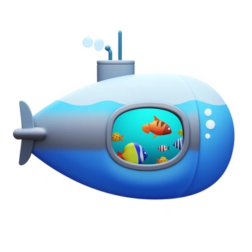 A submarine with a clear hatch is submerged in the ocean. Through the transparent hatch, a variety of colorful fish can be seen swimming past the submarine. The fish exhibit distinct patterns and vibrant colors, showcasing their natural beauty. The submarine's exterior is sleek and metallic, designed for deep-sea exploration, while its interior is illuminated with soft, ambient lighting. Bubbles rise from the submarine as it moves gently through the water, creating a sense of calm in the underwater environment.