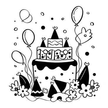 A festive tapis is centered in the image, adorned with an array of balloons and flowers. Around the tapis, there are celebratory items such as party hats and streamers scattered on the ground. In the background, various shapes of balloons float above, while more flowers create a surrounding border. The atmosphere reflects a sense of joy and festivity.