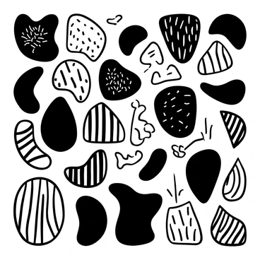 A series of black and white shapes arranged in an intricate pattern, mimicking the form of chins. These shapes create a visually engaging design with varying sizes and angles, interlocking seamlessly with one another. The patterns are filled with intricate line work and textures, enhancing their abstract quality. The overall composition has a dynamic flow, drawing the viewer's eye across the entire piece.