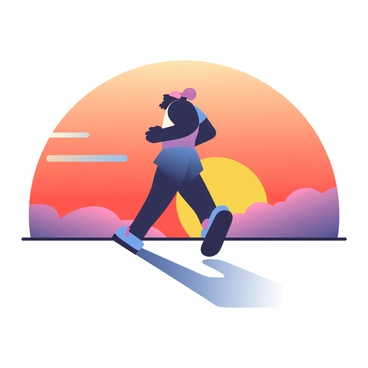 A silhouette of a runner is depicted in mid-sprint, positioned in the foreground. The runner's body is slightly leaned forward, showcasing dynamic motion. The sunset fills the background with a vibrant display of colors, featuring deep oranges, reds, and hints of purple blending seamlessly. The sky is clear, allowing the warm hues to radiate outward. The runner’s shadow is elongated on the ground, adding depth to the scene, as the sun dips low on the horizon.