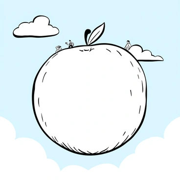 A giant peach floating in a bright blue sky, appearing round and smooth with a textured surface. Tiny figures are standing on top of the peach, looking small in comparison, with some appearing to balance carefully. Soft, fluffy clouds drift in the background, enhancing the sense of height and lightness. The entire scene is captured in a striking black-and-white illustration, emphasizing the contrast between the peach and the sky.