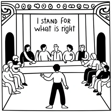 Antigone stands in the center of a grand hall, surrounded by a council of figures seated at an elevated platform. She is depicted with a determined posture, gesturing emphatically as she presents her argument. The council members, dressed in togas, lean forward with attentive expressions, some with raised hands as if to interject. The walls of the hall are adorned with intricate patterns, and scrolls are scattered on the table in front of the council. Above, light filters through large windows, casting shadows across the scene. The words "I stand for what is right" are inscribed in bold letters above Antigone.