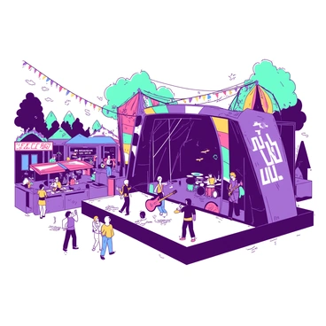 A vibrant music festival scene unfolds at Grant Park. A large customized stage, adorned with colorful banners and elaborate decorations, is set up prominently in the foreground. A band is energetically performing on the stage, with musicians playing electric guitars and drums. The crowd is a diverse mix of attendees, with people dancing and enjoying the music. In the background, there are trees and park features, with colorful lights strung up around the area creating an inviting atmosphere. There are food stalls lining the edges of the festival, adding to the lively environment.