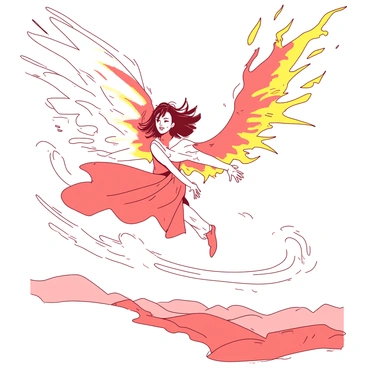 A character with "fire-like wings" is soaring through the air, surrounded by swirling gusts of wind. The wings are vibrant and appear to flicker like flames, casting bright, warm light. The character is dressed in a flowing garment that billows dramatically as they ride the currents above, and their hair dances in the breeze. Below, a landscape of rolling hills and distant mountains stretches out, creating a sense of height and freedom. The scene captures the dynamic movement and energy of the character as they navigate the sky.