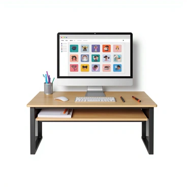 A sleek computer screen displaying a digital dashboard. The screen is showing a grid of various illustration thumbnails, each representing different visuals. The thumbnails include a mix of vibrant colors and designs, showcasing artwork in a variety of styles. The background of the dashboard is a soft gray, providing contrast to the bright colors of the thumbnails. The computer is positioned on a modern wooden desk with a few scattered stationery items nearby.