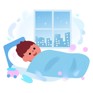 A child is lying in bed under a cozy blanket, with a serene expression. The room is dimly lit, creating a warm atmosphere. Stars are visible through the window, twinkling above the child. Outside the window, the city skyline is illuminated by numerous bright lights, creating a vibrant contrast against the night sky. A few scattered toys are placed around the room, adding a playful element to the scene. The overall mood reflects the child's peaceful dreams and the lively city outside.
