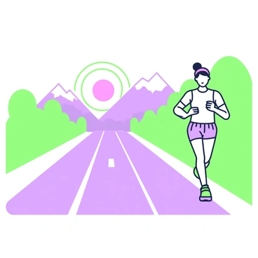 A runner in athletic clothing is jogging on a straight highway. The runner has a focused expression and is mid-stride, showcasing their movement. Alongside the highway, there are green trees lining the edges, adding a touch of nature. In the background, there are majestic mountains that rise high into the sky, creating a dramatic backdrop. The sun is setting behind the mountains, casting long shadows across the road and highlighting the contours of the landscape.