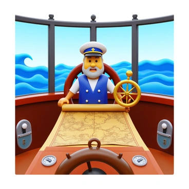 A ship's captain with a weathered face and a sturdy navy uniform is standing on the bridge of a ship. He is intently studying an ancient, detailed map spread out in front of him. In his other hand, he holds a gleaming brass compass, its needle pointing decisively north. The bridge is filled with nautical instruments, including a large ship's wheel and various gauges. The background shows large glass windows revealing rolling waves and a clear sky. The scene conveys a sense of determination and focus as the captain navigates the vast ocean.